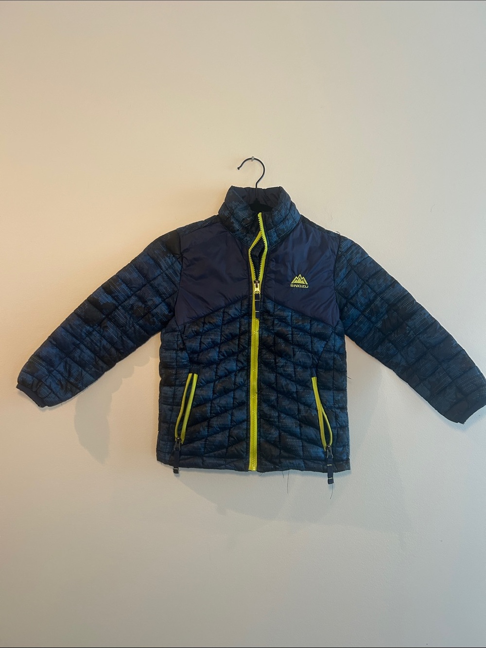 Snozu Navy Puffer Jacket with Lime Zippers, Size 5/6